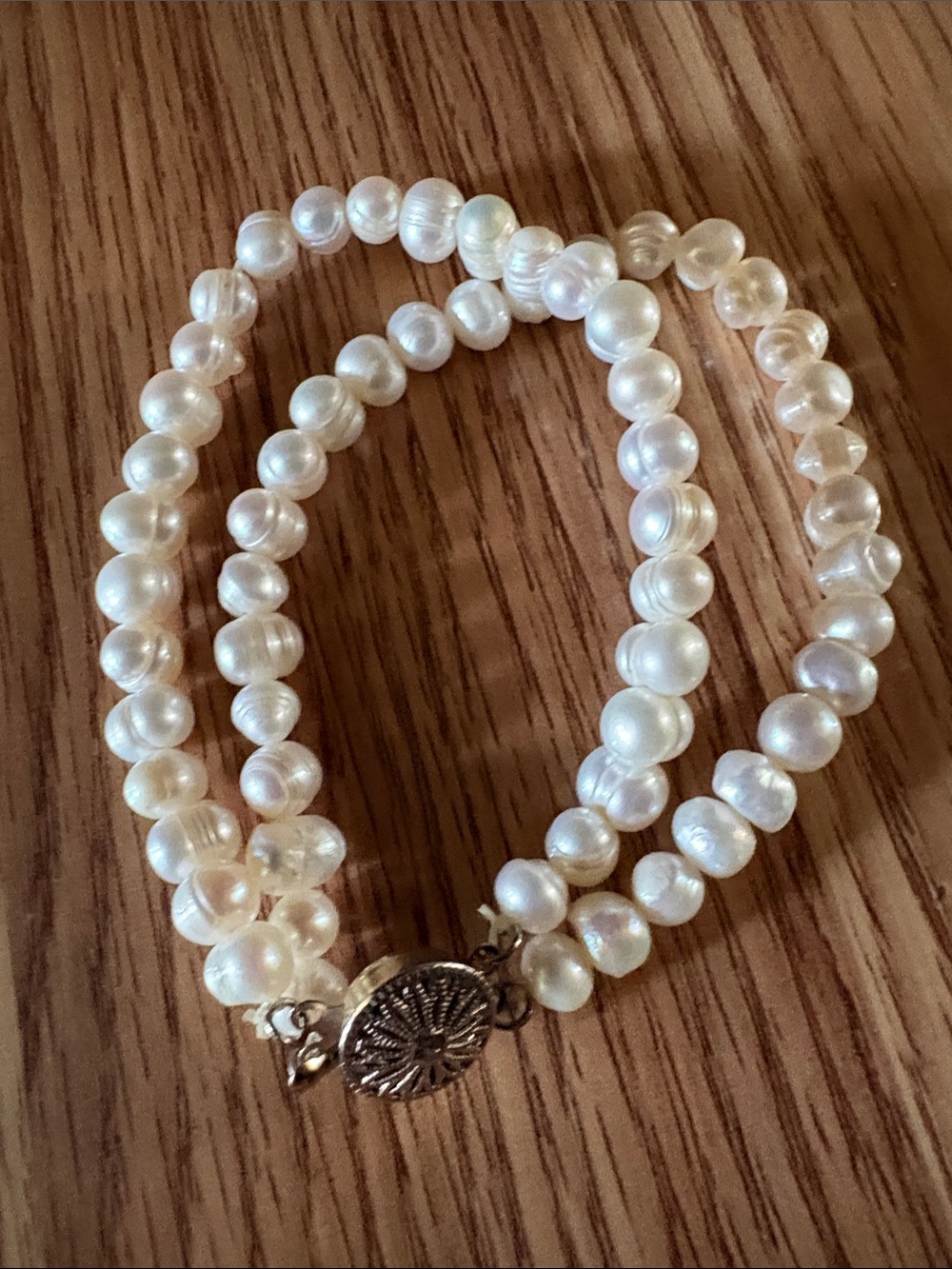 VINTAGE FRESHWATER BAROQUE WHITE PEARL 2-STRAND SILVER SLIDER CLASP 7.5"BRACELET
